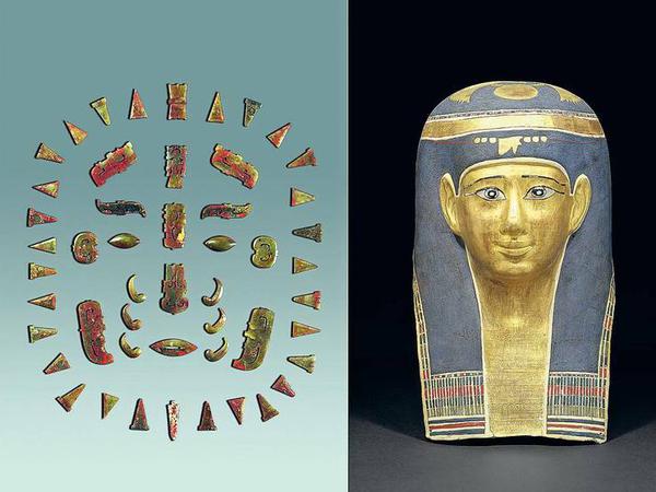 In beiden Kulturen wurden hochstehende Persönlichkeiten mit Totenmasken geehrt. Links die 51 Jadeplättchen einer Maske der Westlichen Zhou-Dynastie (1100 - 771 v. Chr.), rechts die Mumienmaske des Ta-Scherit-en-Hor, Ptolomäerzeit (323 - 30 v. Chr.) 