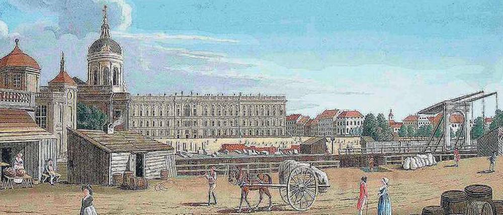 Preußisch-Blau. Das Schloss vom Packhof aus gesehen, Kupferstich von Johann Georg Rosenberg.