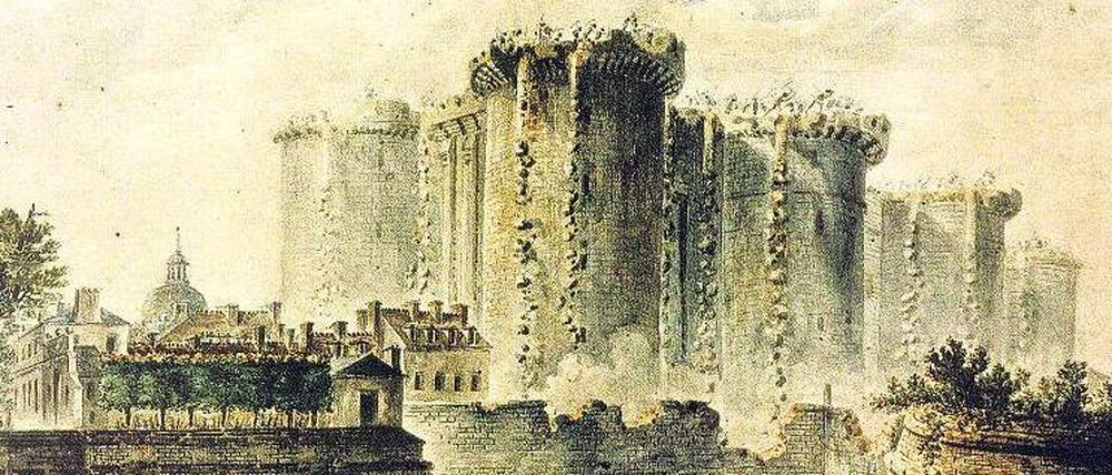 Aufruhr und Gewalt. Revolutionäre stürmen 1789 die Bastille. Aquarell von Jean- Pierre Houel. 