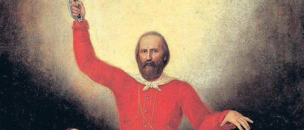Held der Einheit. Garibaldi mit Personifikationen von Venedig und Rom.