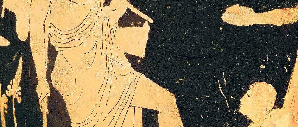 Das Pathos des reinen Vordergrunds. Eurykleia entdeckt die Narbe des heimkehrenden Odysseus. Griechische Vasenmalerei um 440 v. Chr.