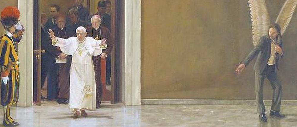 Der Papst kommt. Das Gemälde von Aris Kalaizis, der 1966 in Leipzig geboren wurde, trägt den Titel „make/believe“ (2009). Es wird von der Maerzgalerie Leipzig/Berlin zur Verfügung gestellt. 