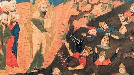 Schatz des Orients. Moses beobachtet den Untergang des Pharaos, aus der Weltgeschichte des Hafiz-i Abru, Herat (1425). 