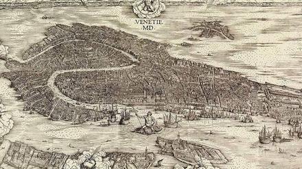 Mit dem Verstand gesehen. Jacopo de’ Barbari legte im Jahr 1500 eine Ansicht von Venedig aus der Vogelperspektive als Holzschnitt vor. Sie blieb unübertroffen und wurde drei Jahrhunderte lang immer wieder nachgedruckt (Ausschnitt). 