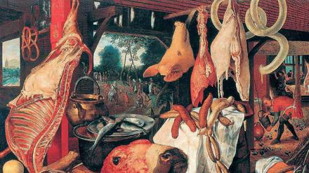 Stillleben mit Fleisch und Heiliger Familie. Ölgemälde aus der Werkstatt von Pieter Aertsen (1551). 