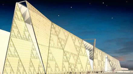 Zu Füßen der Pyramiden soll das Grand Egyptian Museum das immense Erbe des Pharaonenreiches aufnehmen. Eine Simulation des Architekturbüros Heneghan Peng zeigt, sie das Gebäude aussehen soll.