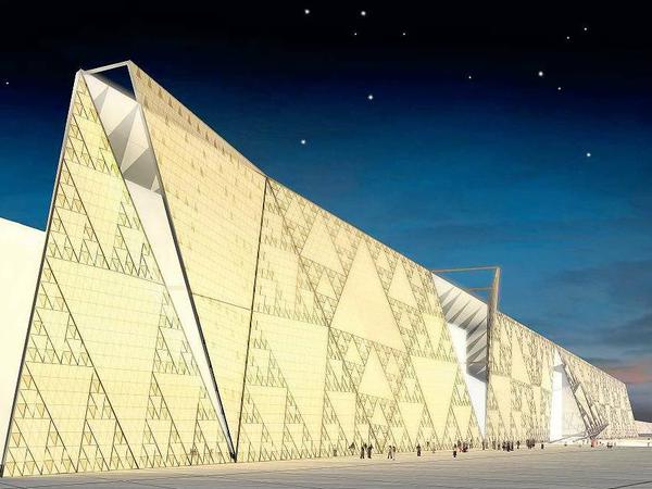 Zu Füßen der Pyramiden soll das Grand Egyptian Museum das immense Erbe des Pharaonenreiches aufnehmen. Eine Simulation des Architekturbüros Heneghan Peng zeigt, sie das Gebäude aussehen soll.