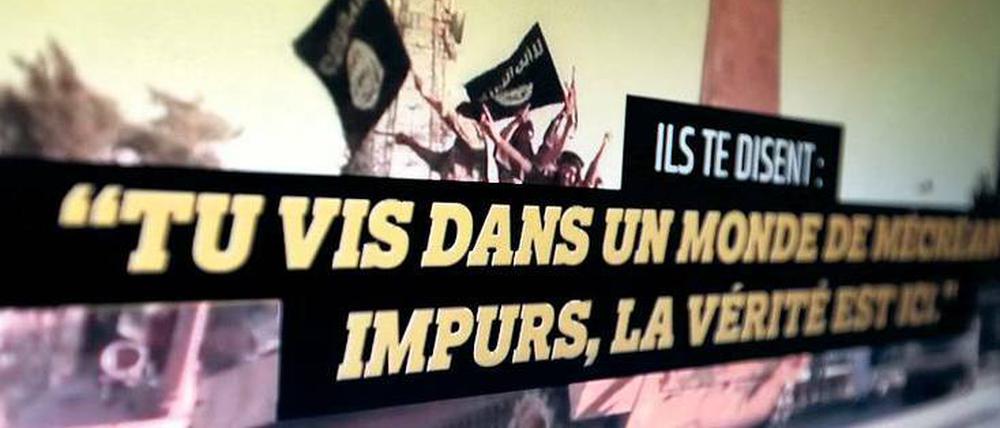 Gegen tödliche Romantik. Mit einem Aufklärungsvideo geht die französische Regierung gegen Propaganda für den Dschihad in sozialen Netzwerken vor. Darin heißt es: „Sie sagen Dir: ,Du lebst in einer Welt der unreinen Ungläubigen, die Wahrheit liegt hier.‘ Als einzige Wahrheiten wirst Du Horror und Betrug finden.“ 