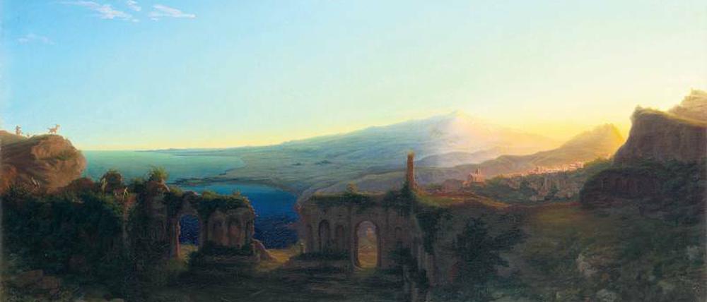 Sehnsuchtsblick. August Kopischs „Ätna, gesehen von den Ruinen des Theaters zu Taormina, bei Sonnenuntergang“ von 1833. Das Ölgemälde befindet sich in Privatbesitz. 