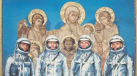 Helden des Himmlischen. Aleksandra Mir kombiniert ihrer Collage „Astronaut #09-054“ Heilige und Weltraumfahrer.  