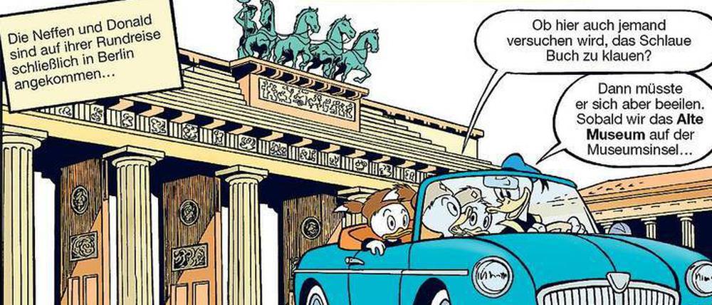 Ende eines Spritztour. Die Ducks kommen zum Finale ihrer Europa-Reise nach Berlin, um die Urfassung des „Schlauen Buchs“ im Alten Museum auszustellen. 