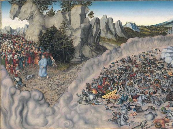 Lucas Cranach d. Ä. überträgt die Geschichte von Moses’ Durchquerung des Roten Meers im Gemälde von 1530 (Ausschnitt) auf die Reformation.