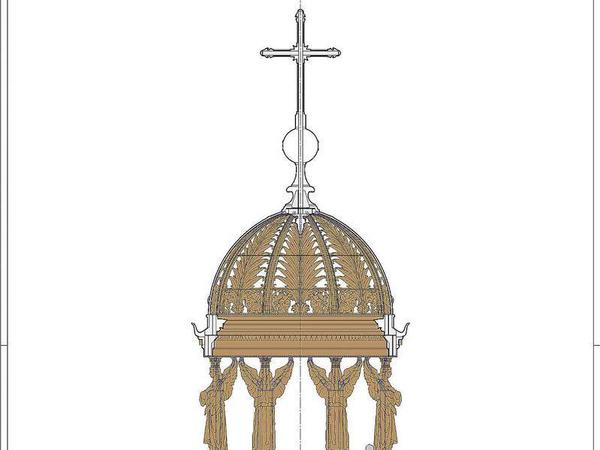Friedrich August Stülers Laterne mit Cherubim und Kreuz stammt von 1854, sie krönen die Kuppel über dem Westportal des Schlosses. Die Engelfiguren sind noch nicht über Spenden finanziert. 
