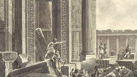 Schönheit des Baal-Tempels. Der Eingang zur Cella auf einer Radierung von Jean-Baptiste Réville and Pierre Gabriel Berthault nach Louis-François Cassas, 1799.