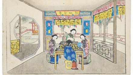 Schicklicher Spaß. Damen beim Mah-Jongg-Spiel, chinesischer Holzschnitt um 1770/90. 