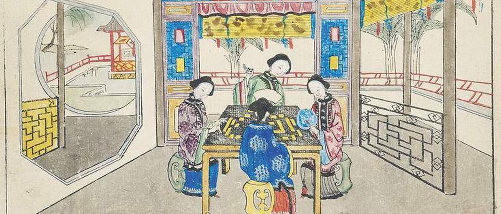 Schicklicher Spaß. Damen beim Mah-Jongg-Spiel, chinesischer Holzschnitt um 1770/90. 