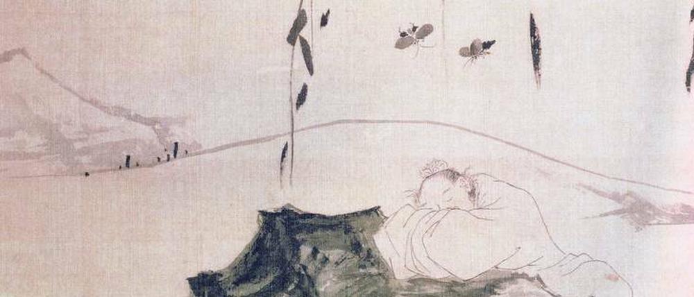 Der Schmetterlingstraum in einer Tuschezeichnung von Lu Zhi (1496–1576). „Einst träumte Zhuang Zhou, ein Schmetterling zu sein, ein lebhaft flatternder Schmetterling, glücklich mit sich selbst, nur seinem Willen folgend. Er wusste nicht, daß er Zhuang Zhou war. Wie freute er sich, als er kurz darauf erwachte und feststellte: ‚Da ist Zhuang Zhou!’ Doch er wusste nicht, war er Zhuang Zhou, der geträumt hatte, ein Schmetterling zu sein, oder war er ein Schmetterling, der geträumt hatte, Zhuang Zhou zu sein?“