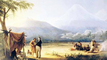 Alexander von Humboldt (Mitte, stehend) und Aimé Bonpland (links) in den Anden, 1810.