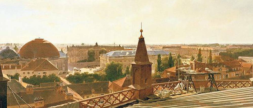 Eduard Gaertners „Blick vom Dach der Friedrich-Werderschen Kirche auf das Friedrichsforum“ von 1835