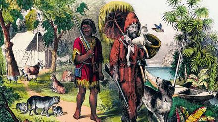 Der Herr, seine Tiere und ein Mann namens Freitag. Robinson Crusoe in seinem Reich, eine Lithografie aus dem Jahr 1874. 