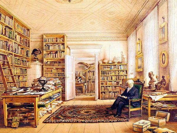 Im Strom der Daten, im Reich der Bücher. Humboldt in seinem Arbeitszimmer Berlin, Oranienburger Straße, 1843.