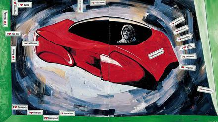 Selbstumkreisungen. In das Gemälde „The Capitalistic Futuristic Painter in His Car“ (1985) klebte Martin Kippenberger Sticker. 