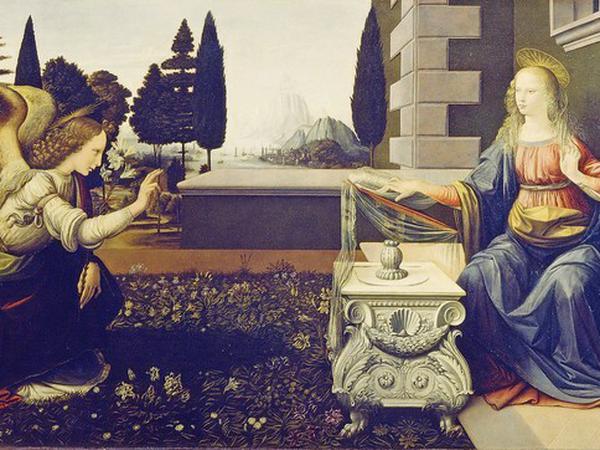 Leonardo da Vincis kühne "Verkündigungs"-Version von 1472 vertreibt die Angst aus der Begegnung, zeigt Maria und den Engel auf Augenhöhe.