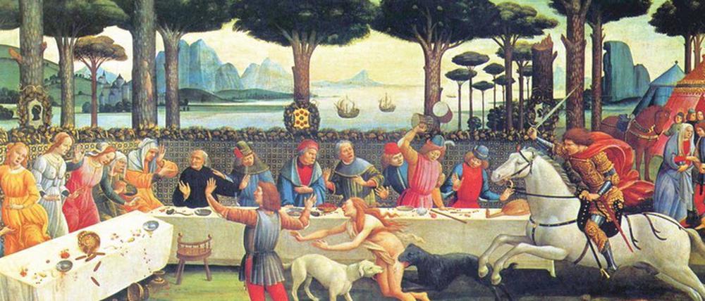 Alles kommt auf den Tisch. Sandro Botticelli malte diese wilde Szene aus dem „Decamerone“ im Jahr 1487. 