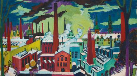 Industrielandschaft mit Schornsteinen. Ernst Ludwig Kirchner malte die „Chemnitzer Fabriken“ nach einem Besuch in der Stadt 1926. 