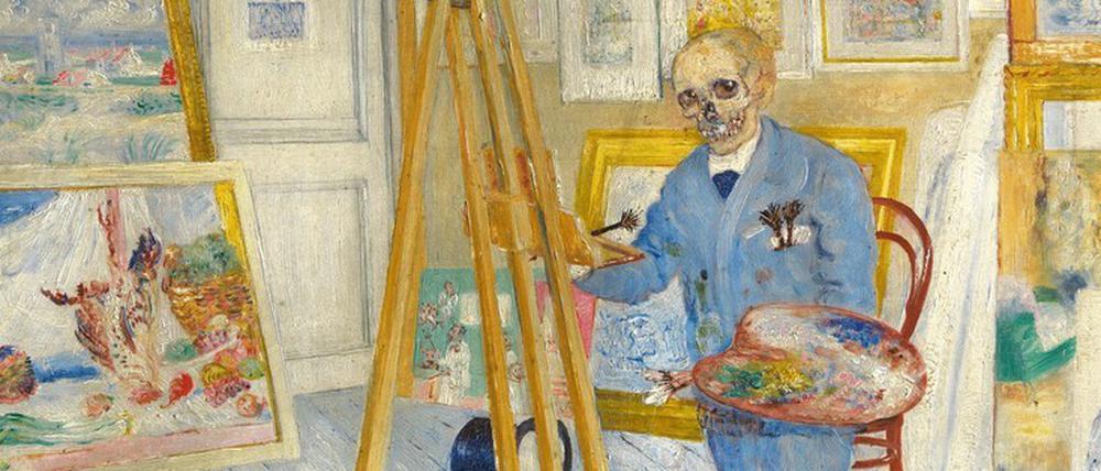 Das prophetische Selbstporträt. Nachdem James Ensor sein Atelierbildnis 1896 bereits fertiggestellt hatte, übermalte er das Gesicht nachträglich mit einem Totenkopf und nannte es fortan „Das malende Skelett“. 