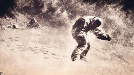 Ein Mann verschwindet. Der Polarforscher Lawrence Oates macht sich aus seinem Zelt in den Schneesturm am Südpol auf (1912). 