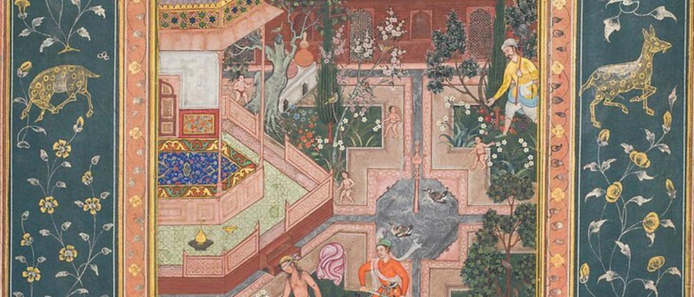 Gärten der Lüste. Der persische Großkönig Bahram Gur besucht die Prinzessin im blauen Pavillon, eine iranische Buchillustration aus dem 16./17. Jahrhundert. 