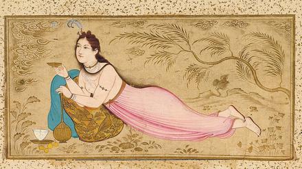 Wein trinkende Dame. Papierarbeit von Mu’in Musawir mit Tinte, Farbpigmenten und Gold aus Isfahan aus dem Jahr 1672.