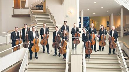 Die 12 Cellisten im Foyer ihrer Berliner Philharmonie.