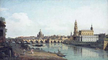 Bernardo Bellotto malte Dresden 1748 vom rechten Elbufer unterhalb der Augustusbrücke. 