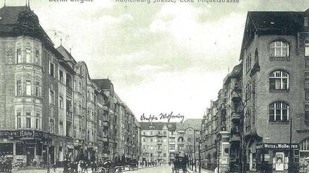 Damals. Im Eckhaus Miquelstraße 8 (o. l.) lebte Kafka im Herbst 1923. Im „Rothenburg Eck“ (u. r.) fand sich 2012 die Postkarte. 