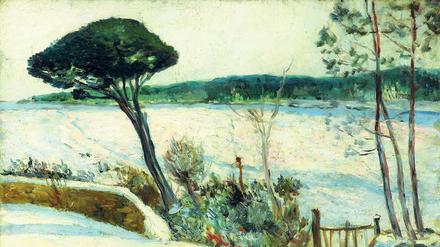 Brille des Impressionismus. Maxime Maufra malte 1892 seine winterliche „Paysage, poëlan, landes et sapins sous la neige“. 