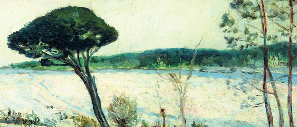 Brille des Impressionismus. Maxime Maufra malte 1892 seine winterliche „Paysage, poëlan, landes et sapins sous la neige“. 
