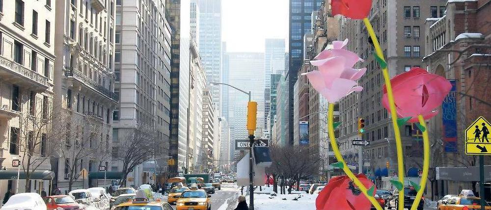 Hauptstadt der Verschwörungstheorien. Kunstrosen auf der winterlichen Park Avenue. New York im Januar 2011. Foto: Kiram Melzer/dpa