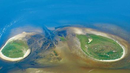 Nur ein Vogelwart lebt hier. Die Insel Scharhörn (rechts) in der Elbmündung, Schauplatz von Timms Roman. Links Nigehörn.