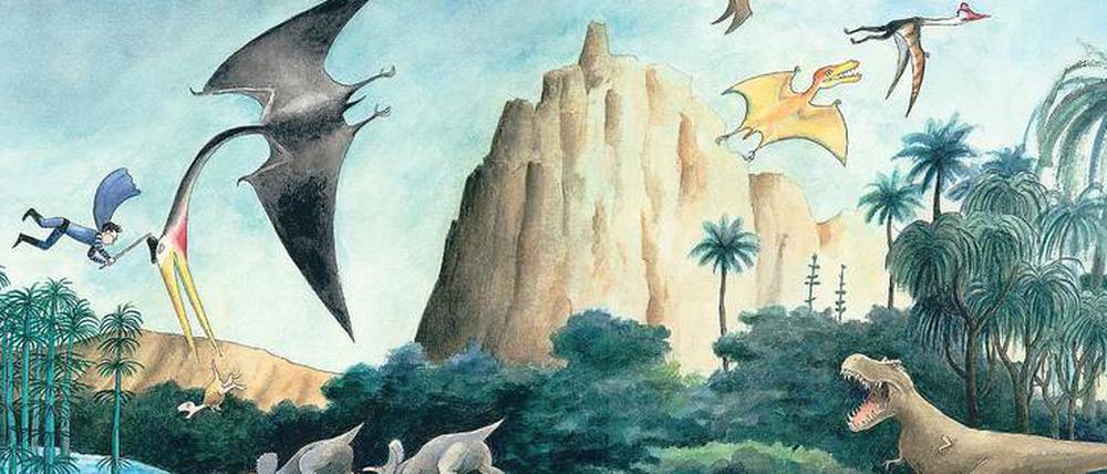 Das ist noch einmal gut gegangen. „Magic Man“ rettet furchtlos den kleinen Tyrannosaurus aus dem Schnabel des Quetzalcoatlus. Illustration: Thé Tjong-Khing