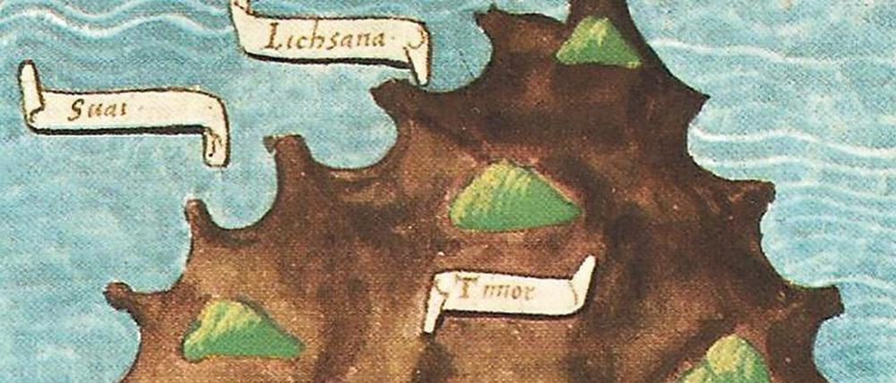 Karte der Insel Timor im Jahr 1522. Zeichnung in Antonio Pigafettas Tagebuch. 