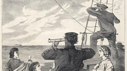 Achtung, Piraten! Passagiere eines amerikanischen Schiff beobachten die Annäherung der britischen Alabama. Holzschnitt von Winslow Homer (1863).
