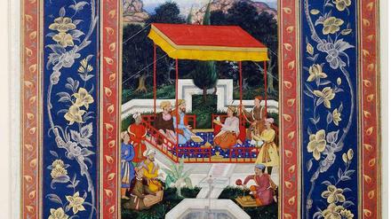 So lässt es sich regieren. Mogulkaiser Akbar (1555-1605) mit seinen Ministern in der Gartenkanzlei, Indien, um 1600. Deckfarben und Gold auf Papier.  