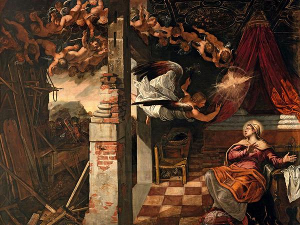 Der Engel als Wirbelwind, mit Putten im Gefolge. Tintorettos Verkündigung (1582-87) in der Scuola di San Rocco, Venedig. 