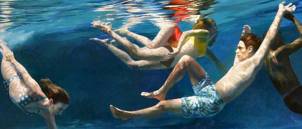 Die Farbe tanzt in Anne Leons Bilder: Wie hier in "Five Swimmers" aus der Cenote Series, gemalt mit Acryl auf Leinwand.