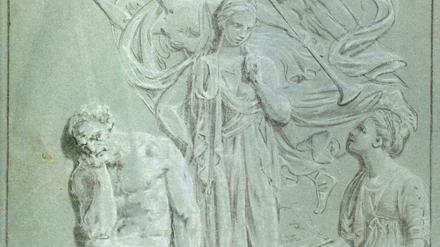 Entwurf für ein Relief von Christian Bernhard Rode, "Allegorische Darstellung mit Herkules, Fama und allegorischen Gestalten" von 1796, eine undatierte Reproduktion. Sie gehörte einst dem jüdischen Kunstsammler Curt Glaser, der seinen Besitz in der NS-Zeit versteigern musste. 