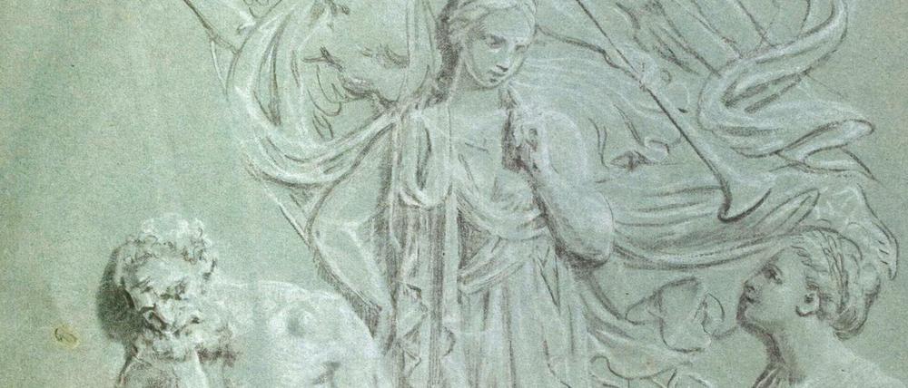 Entwurf für ein Relief von Christian Bernhard Rode, "Allegorische Darstellung mit Herkules, Fama und allegorischen Gestalten" von 1796, eine undatierte Reproduktion. Sie gehörte einst dem jüdischen Kunstsammler Curt Glaser, der seinen Besitz in der NS-Zeit versteigern musste. 