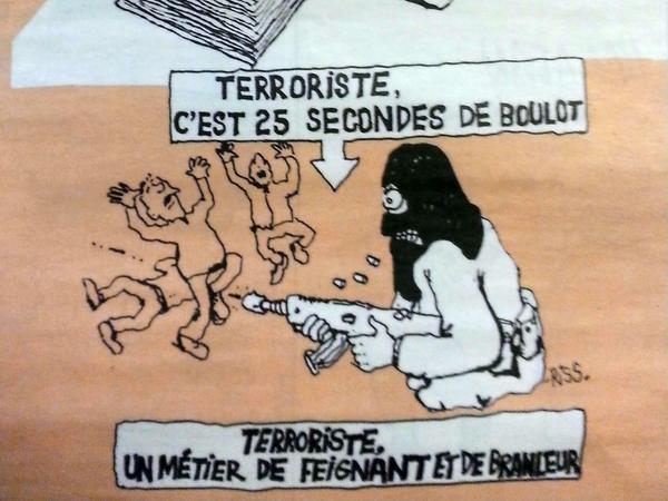 Ein Cartoon von Redaktionsleiter Riss alias Laurent Sourisseau, der bei dem Anschlag schwer verletzt wurde. Oben sitzt ein Karikaturist bei der Arbeit. "Zeichner bei ,Charlie Hebdo': 25 Jahre Arbeit." Unten der Terrorist: "25 Sekunden Arbeit. Ein Beruf für Faulenzer und Tunichtgute.