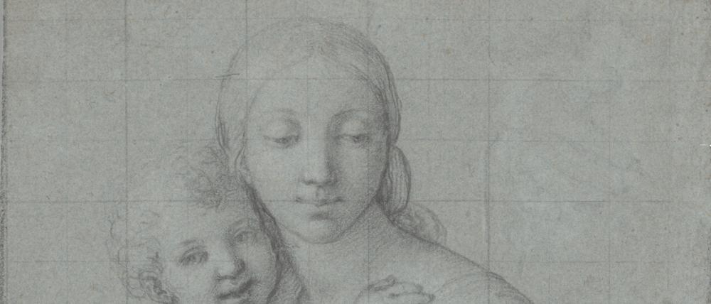 
„Maria mit Kind“ von Giovanni Battista Salvi, gen. Il Sassoferrato (Schwarze Kreide auf blaugrauem Papier, quadriert).